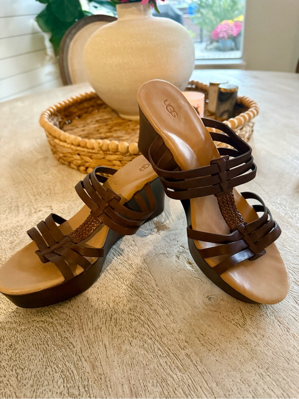 UGG Brown Braided Multi-Strap Wedge Sandals (New without tags)